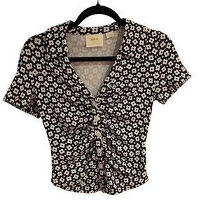 Maeve Brown and Black V-Neck Ruched Blouse